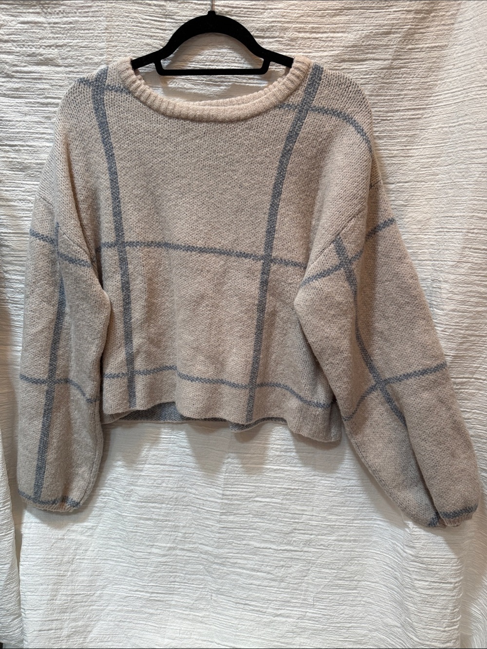 Windowpane Crewneck Sweater in Cream and Light Blue